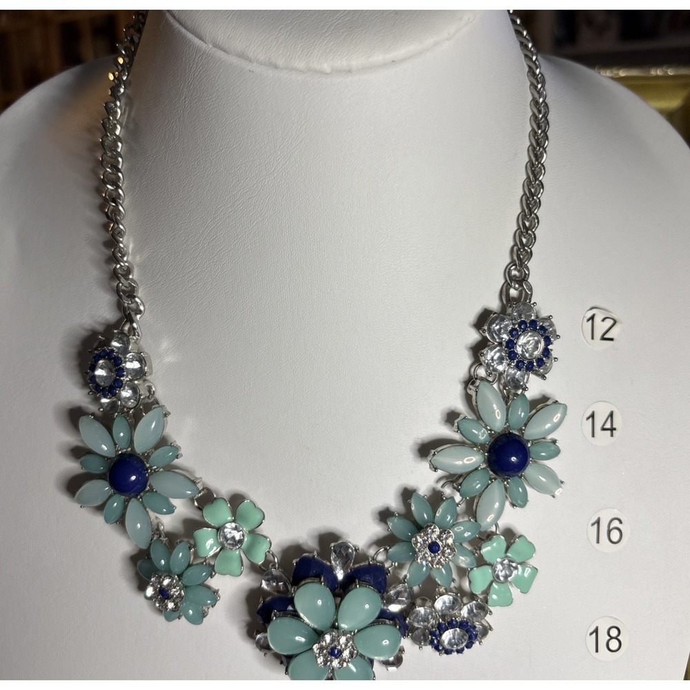 Vivi Love Aqua Blue Floral Rhinestone Statement Necklace Silver Tone